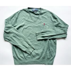 Men's Polo Ralph Lauren Green V-Neck Pima Cotton Sweater Size Large